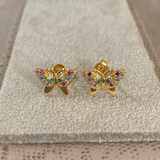Brinco borboleta cravejado com zircônias coloridas em banho de ouro 18k
