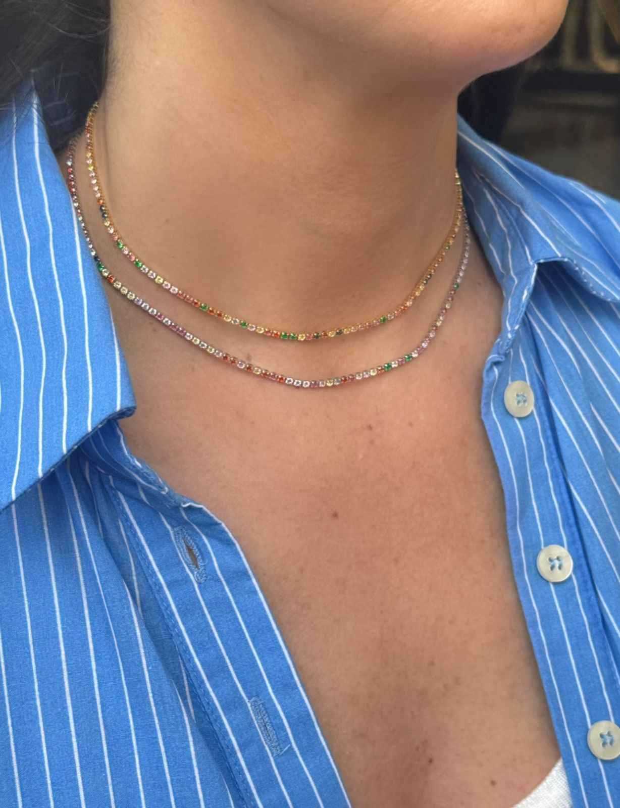 Choker riviera com zircônias coloridas em banho ródio