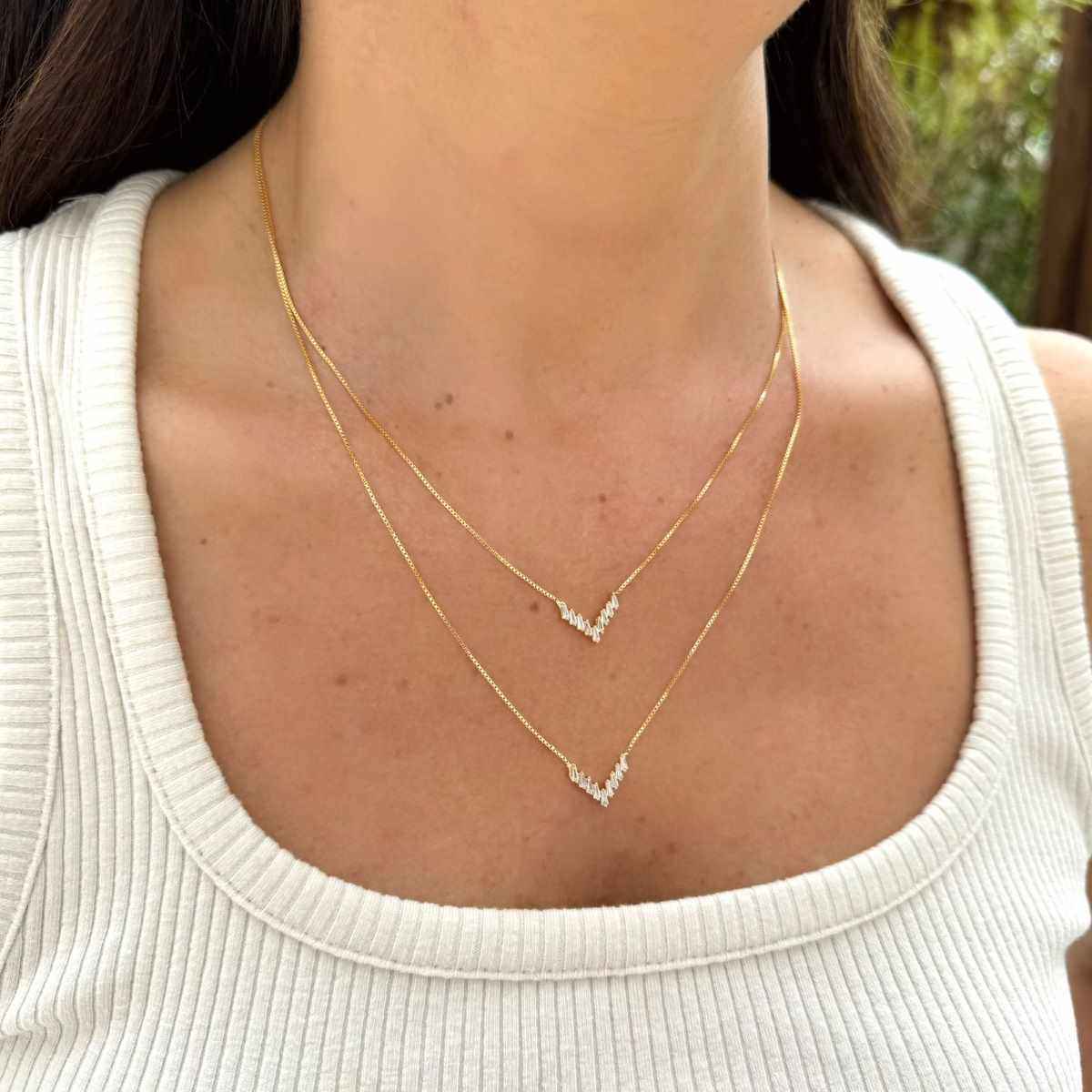 Colar duplo zircônias baguetes em banho de ouro 18k