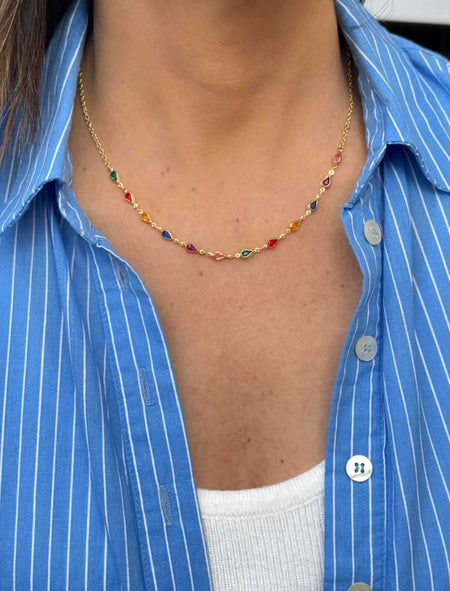 Colar gotas invertidas com zircônias coloridas em banho de ouro 18k